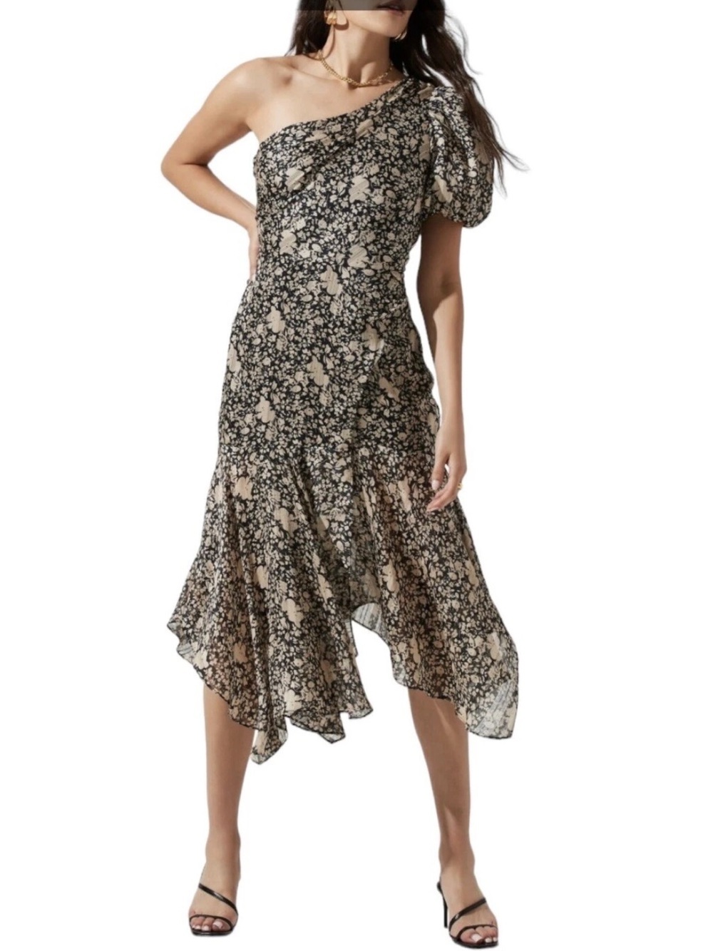 Astr One-Shoulder Black and Cream Floral Midi Dress